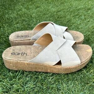 Earth Scout Casual Slip-on Platform Sandals Cork Woven Suede Beige Slides 10